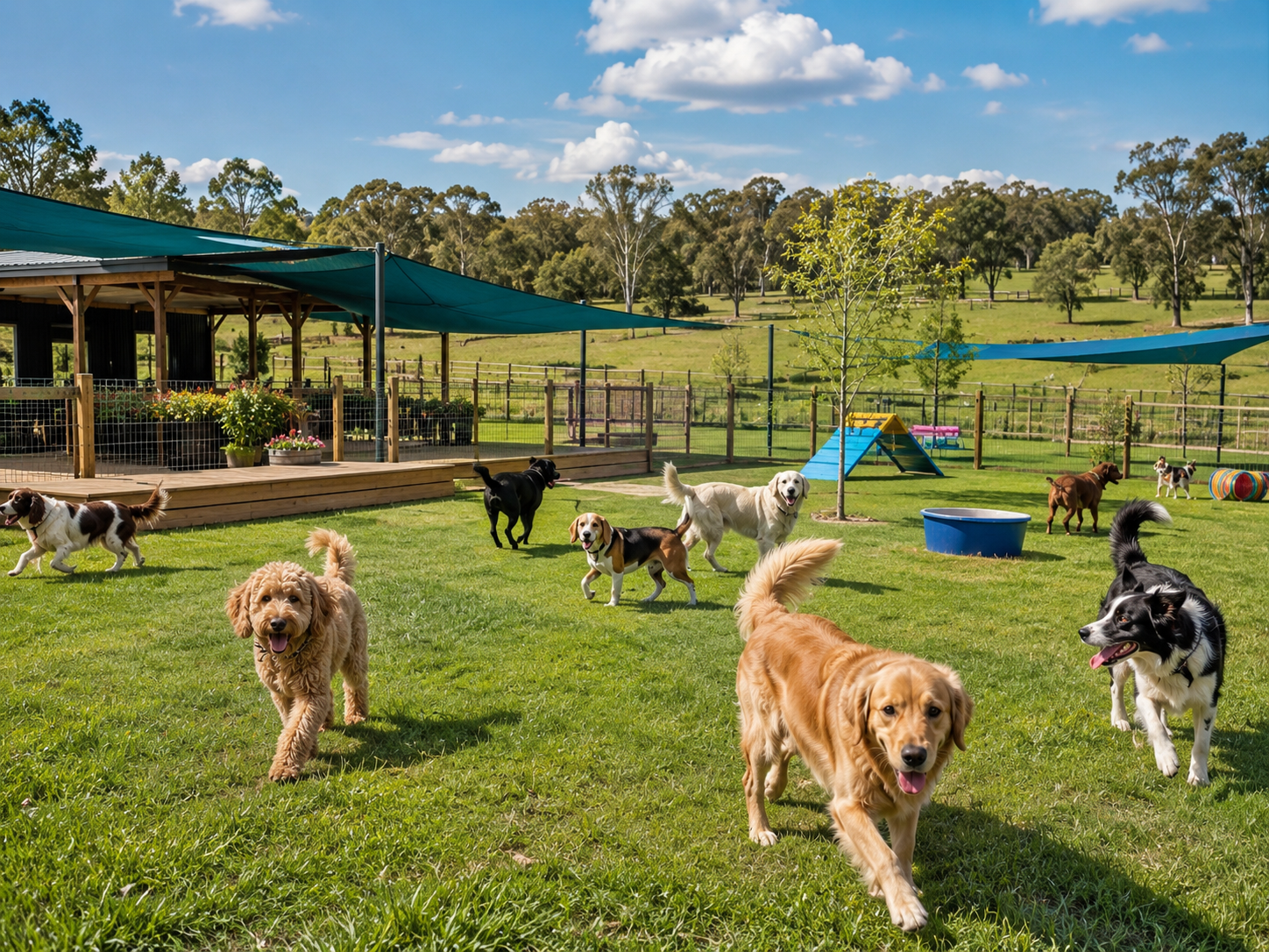 Open play yard for dog boarding guests